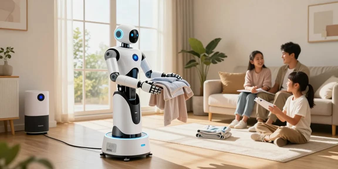Home robot assisting with chores in a modern living room, showcasing convenience and smart home integration.