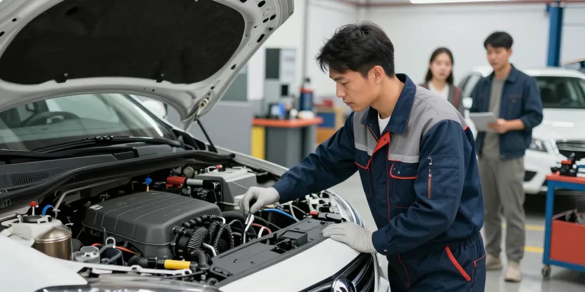 Expert mechanic addressing car air conditioning smells bad at local auto repair shop, trusted provider.