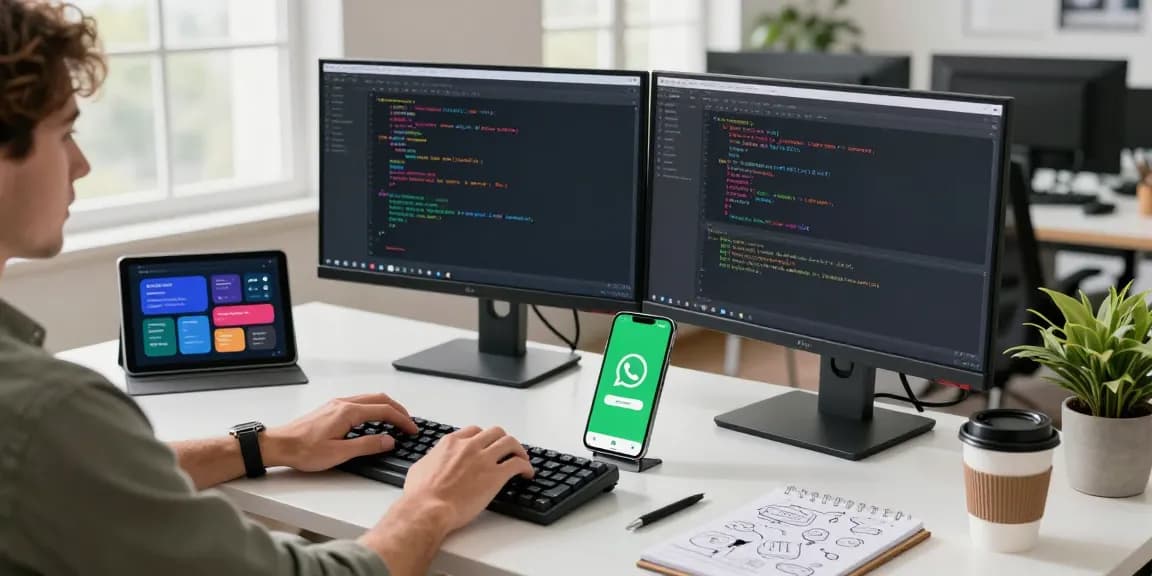 WhatsApp下載 on a smartphone in a modern workspace, showcasing a productive tech environment.