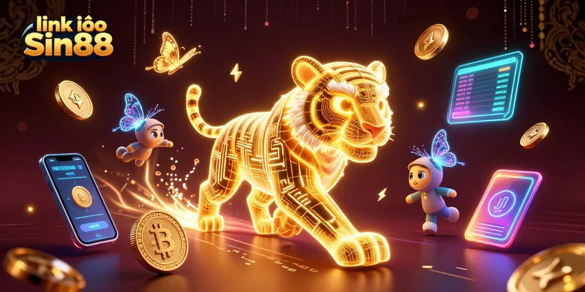 Spin with link vào Sin88 in a vibrant casino scene filled with digital energy and crypto elements