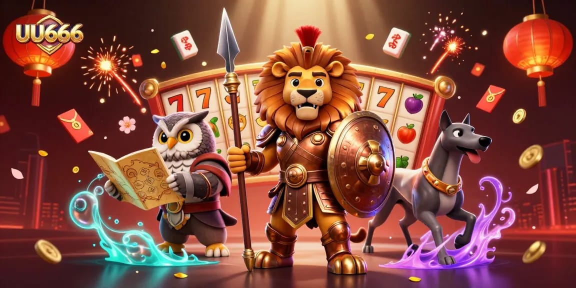 Experience the excitement of UU666 with a dynamic scene featuring a Spartan lion, owl strategist, and greyhound messenger surrounded by vibrant casino elements.