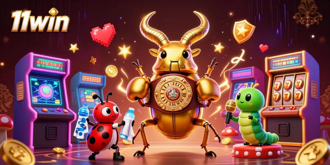 Engage with 11win's vibrant casino scene featuring a giant beetle champion, colorful gaming elements, and jackpot excitement.