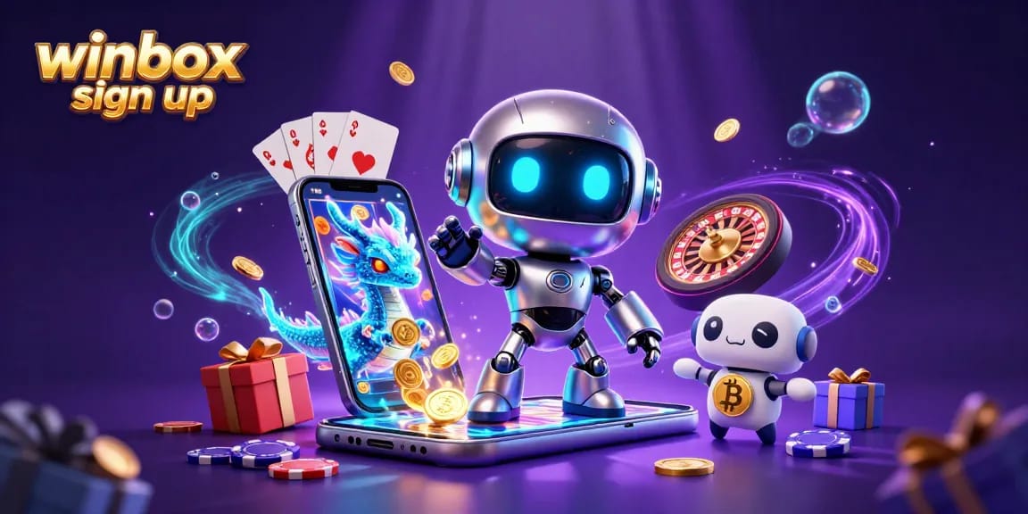 Experience the excitement of winbox sign up with vibrant casino elements and animated characters.