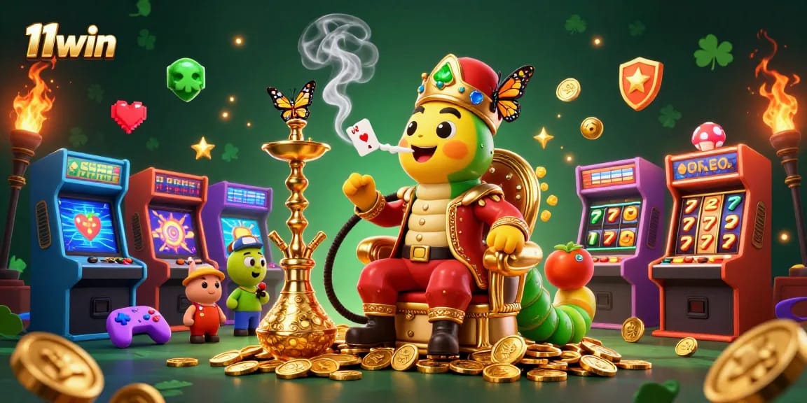 Engage with 11win’s vibrant casino illustration featuring a caterpillar hookah-master amidst slot machine symbols.