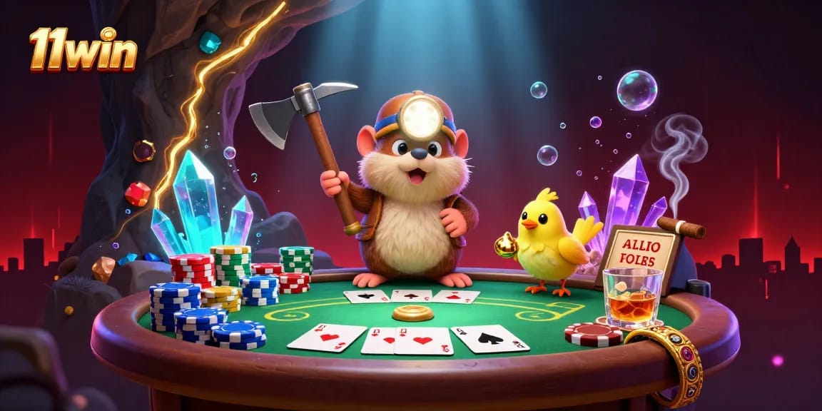 Engage with 11win's vibrant 3D illustration of a treasure hunter mole at a poker table surrounded by colorful chips.
