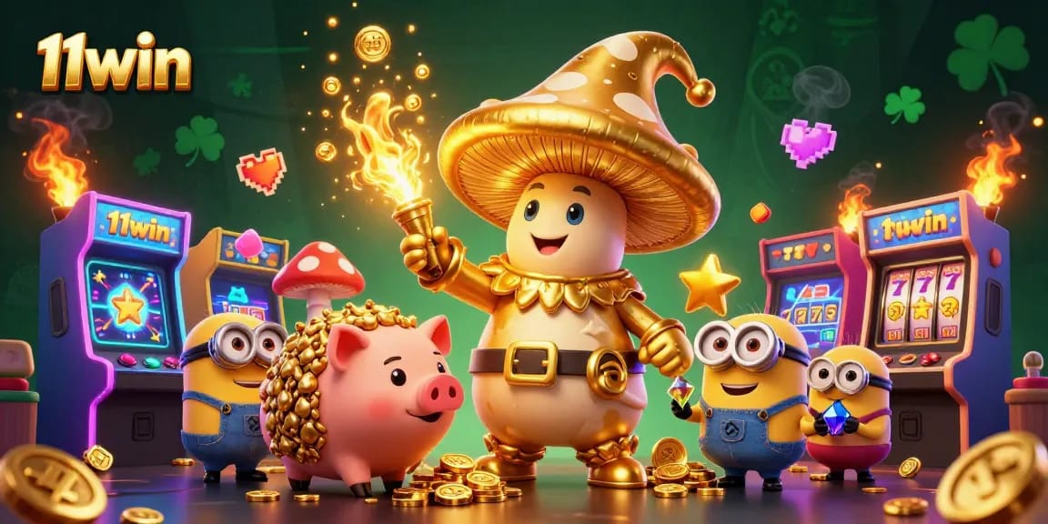 Engage with 11win's slot gaming adventure featuring a golden wizard, treasure pig, and vibrant arcade elements.