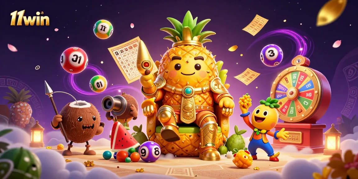 Engage with 11win's vibrant lottery scene, featuring a golden pineapple king and dynamic gambling elements.