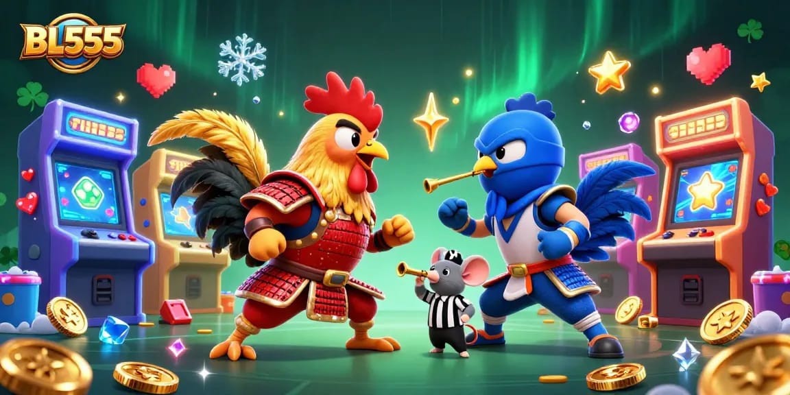 Engage in thrilling gameplay at BL555 with dynamic fighting roosters and casino-themed elements.