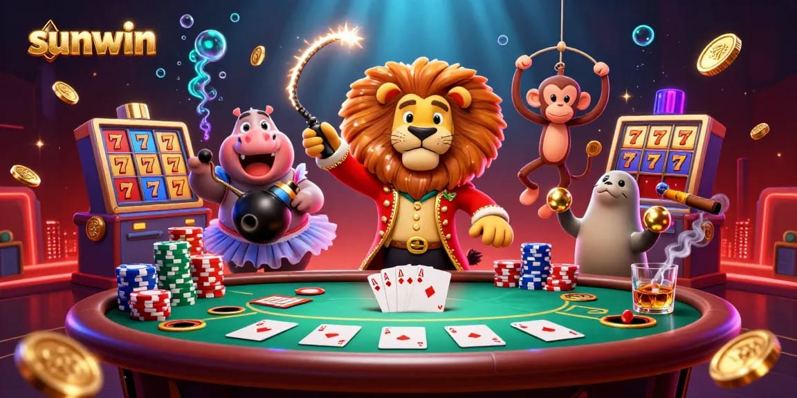 sunwin thrills with a lively circus scene showcasing a lion, hippo, monkey, and seal, amidst poker games.