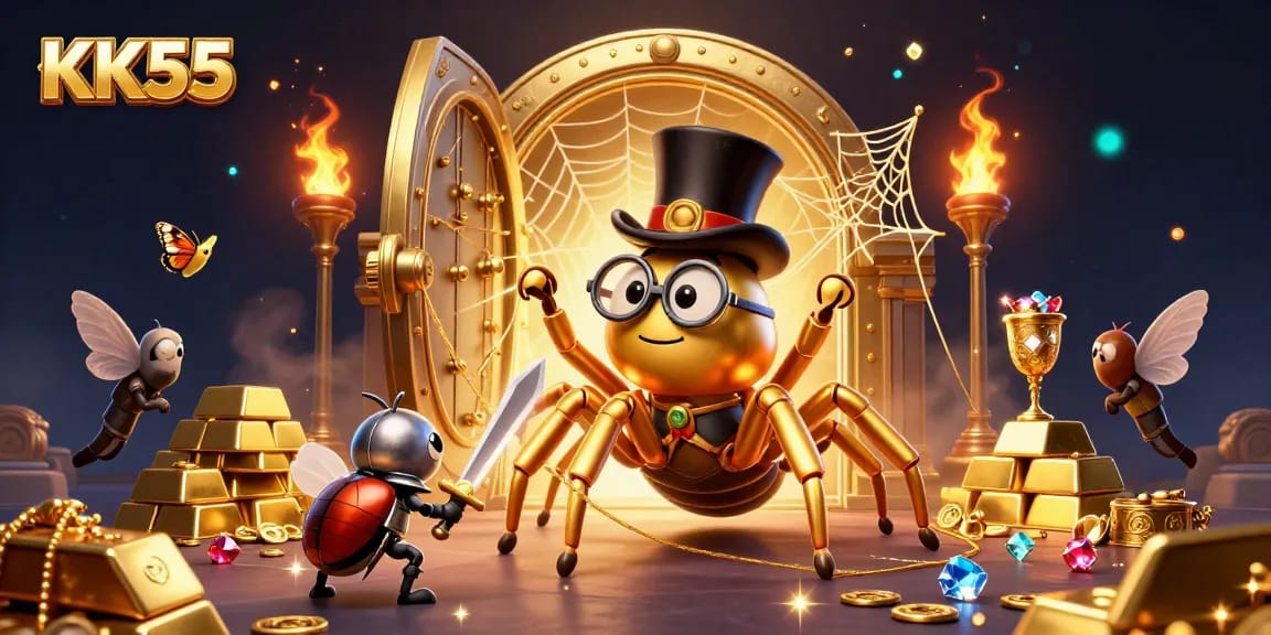 Experience thrilling games at KK55 with this vibrant 3D illustration of a golden tarantula weaving victory.