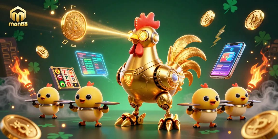 Engage with man88's thrilling slot experience featuring a golden rooster robot in a vibrant casino scene.