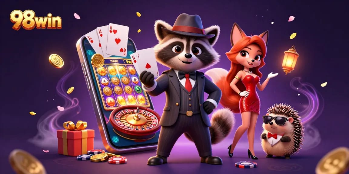 Engage with 98win's thrilling casino atmosphere featuring charming characters and vibrant game elements.