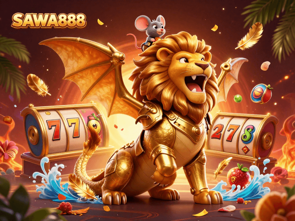 SAWA888 features an epic chimera celebrating alongside vibrant slot game elements.