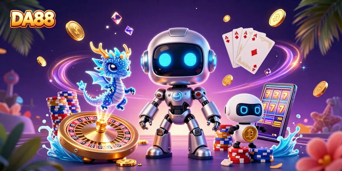 Experience the thrill of DA88 with vibrant casino elements and dynamic 3D characters.