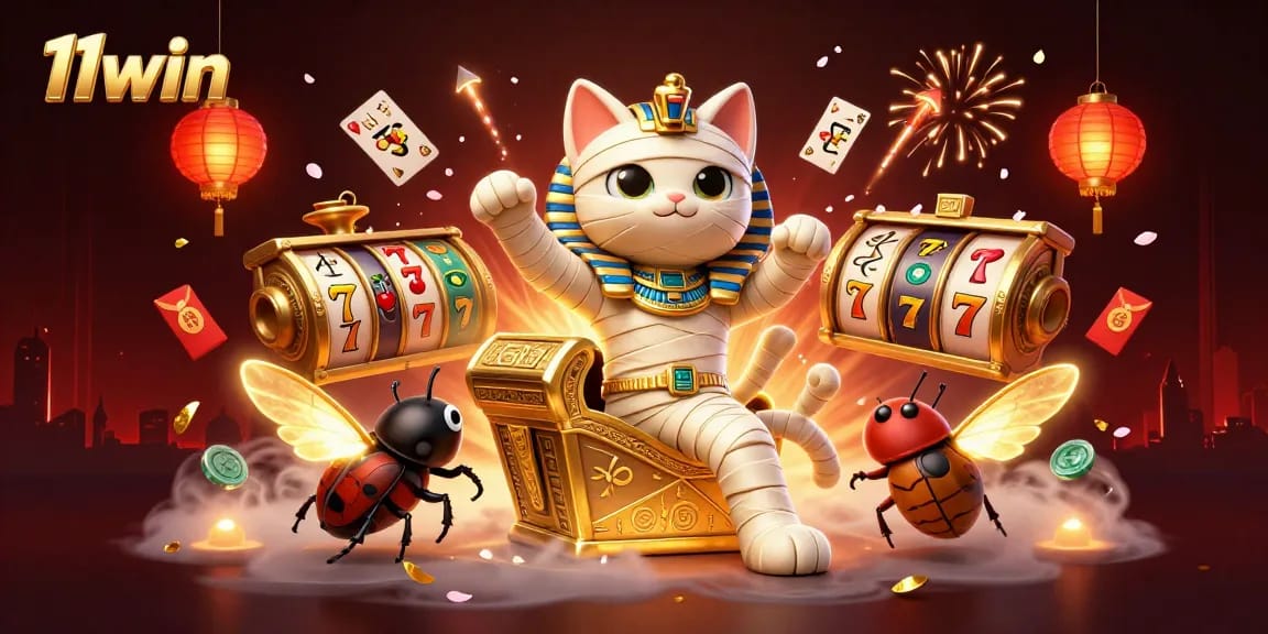 Winning strategies at 11win showcased through vibrant casino action and festive 3D elements.