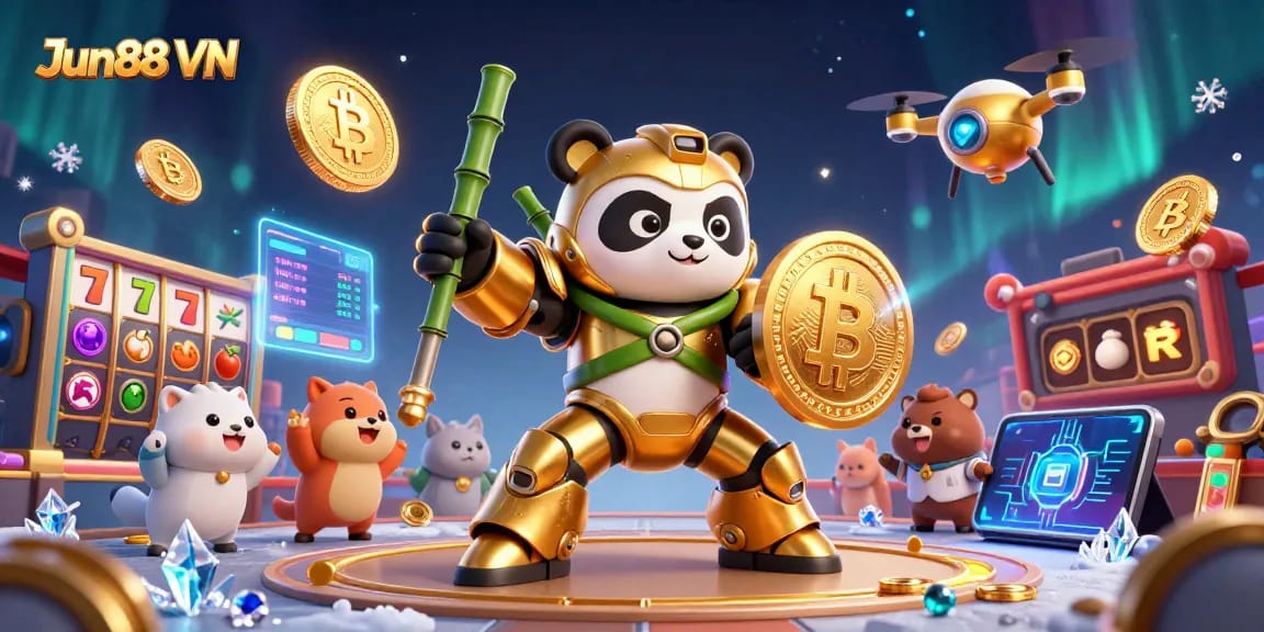 Experience exhilarating gameplay at Jun88 VN with a vibrant 3D illustration of a mech-suit panda and slot games.