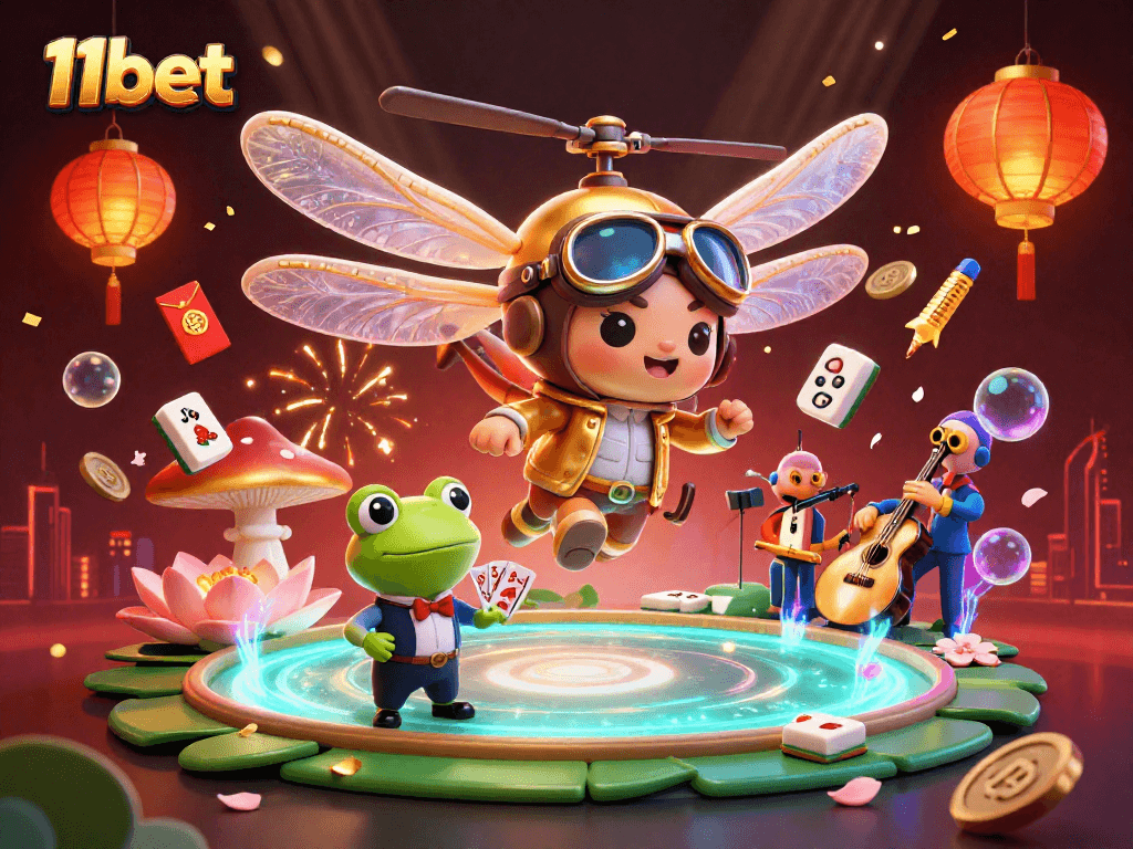 Experience the excitement of 11bet with vibrant gaming scenes featuring colorful characters and dynamic casino elements.
