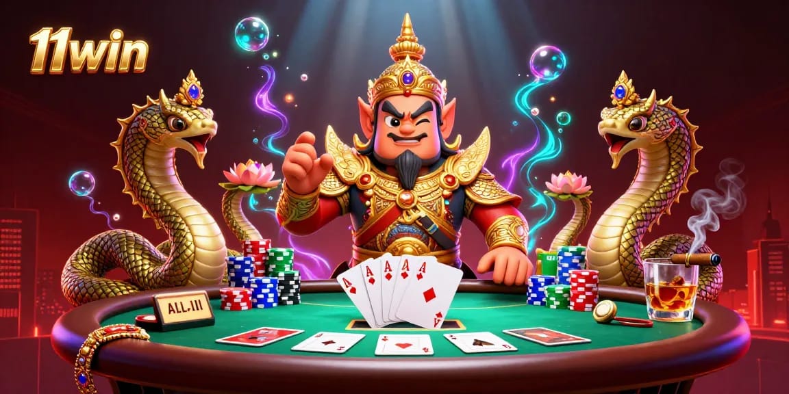 Win at 11win as the guardian and Naga serpent enhance your poker strategies in a vibrant casino scene.