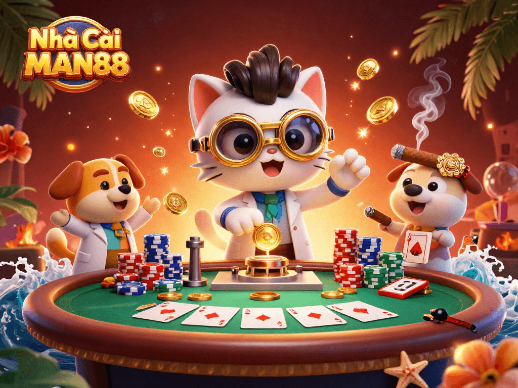 Engaging illustration of Nhà Cái MAN88 showcasing a vibrant casino scene with a mad scientist cat and dog creating gold coins.