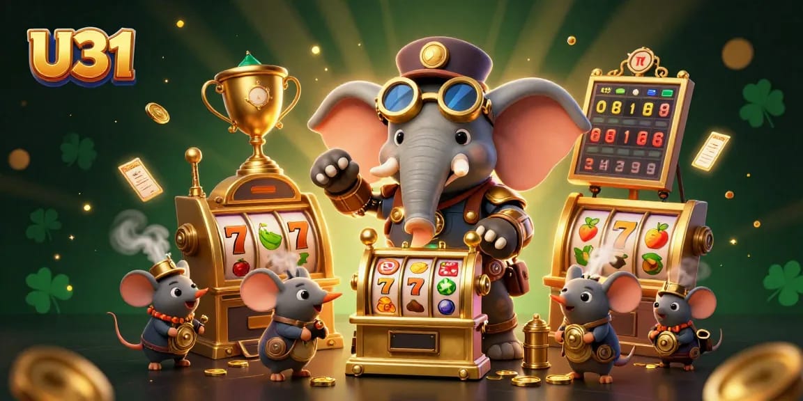 Spin the golden U31 slot machine with a steampunk elephant engineer and dynamic casino elements.