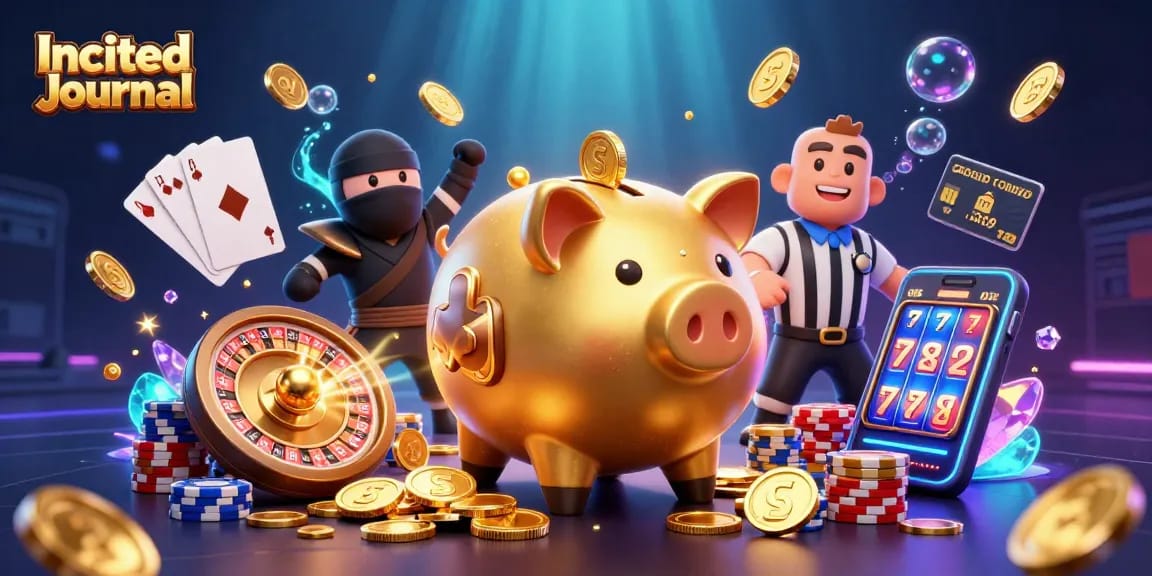 Incited Journal showcases a vibrant casino scene with dynamic characters, golden coins, and a thrilling atmosphere.