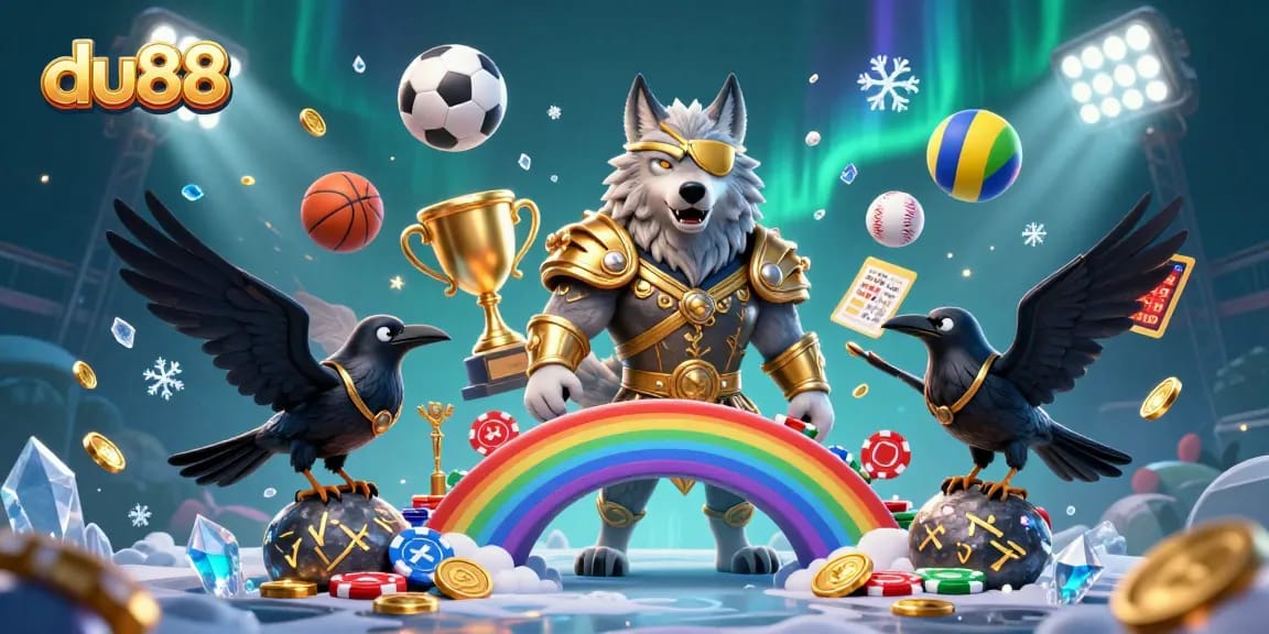 Join the adventure with du88's Norse-inspired Odin wolf and ravens amid a casino chip bridge.