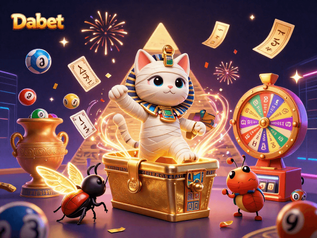 Dabet's 3D illustration showcases a mummy cat bursting from a sarcophagus, symbolizing thrilling bets.