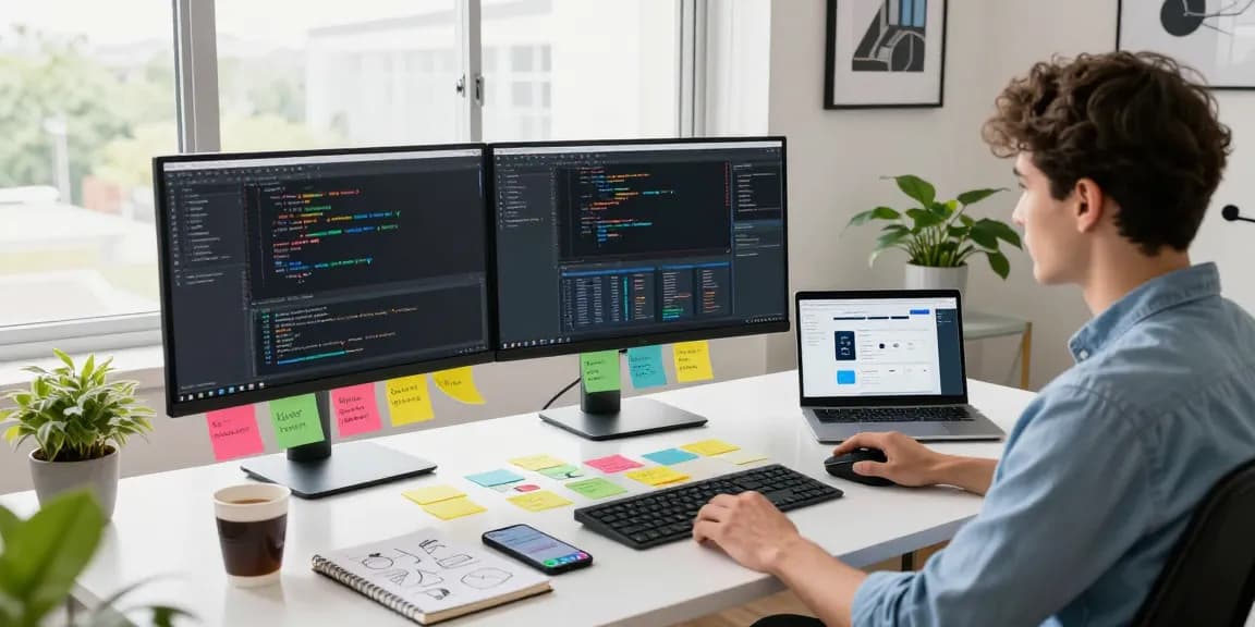 Build internal tools with AI in a modern software development workspace featuring dual monitors and coffee.