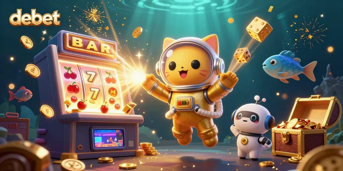 Engage with debet's exciting space-themed casino adventure featuring a jackpot explosion and vibrant characters.