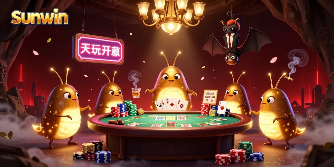 Experience the vibrant casino atmosphere with sunwin as luminescent glowworms light up a dynamic poker scene.