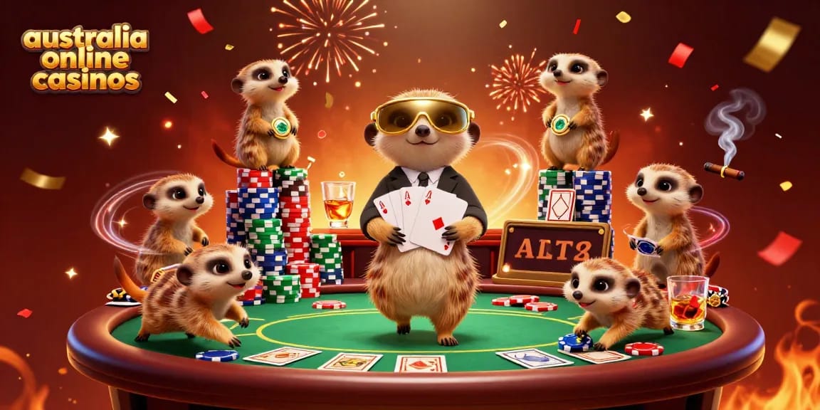 Meerkats managing a lively casino scene, showcasing australia online casinos excitement and vibrant gameplay.