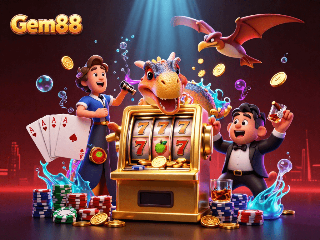 Gem88 slot machine jackpot scene with dinosaur characters and casino elements