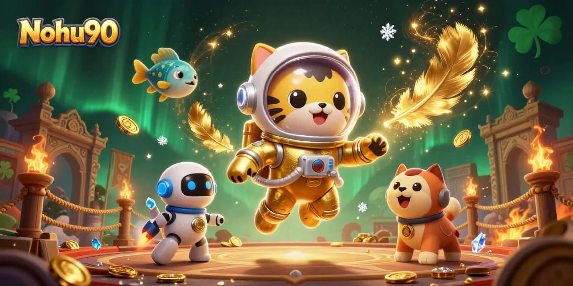 Nohu90 features a 3D astronaut cat in a golden suit amidst vibrant gambling elements in a cosmic scene.