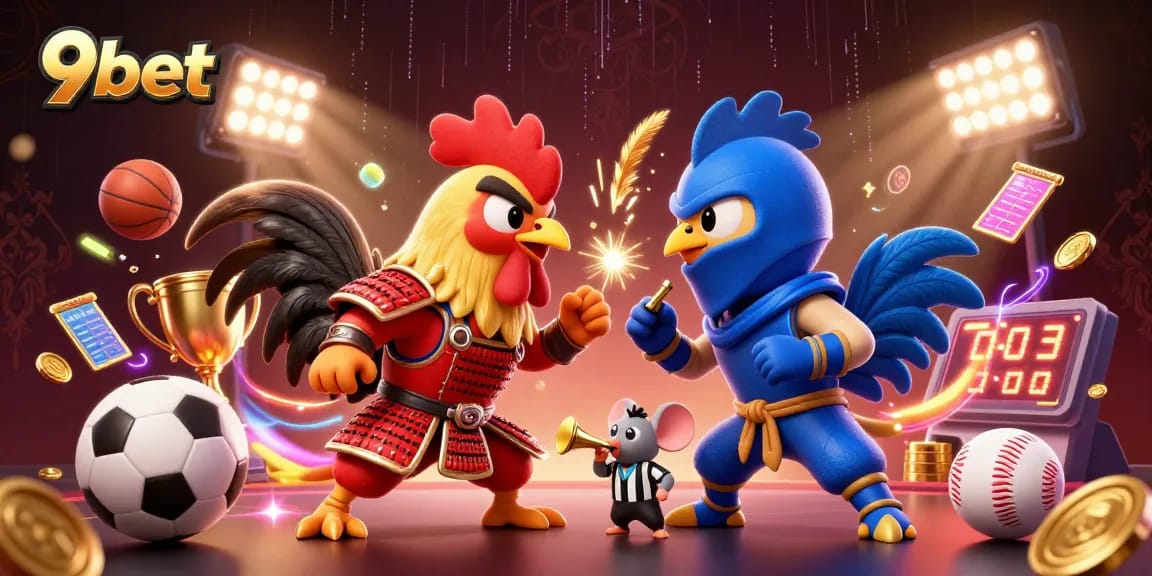 Watch thrilling 9bet roosters in combat amidst dynamic sports betting action and vibrant casino elements.
