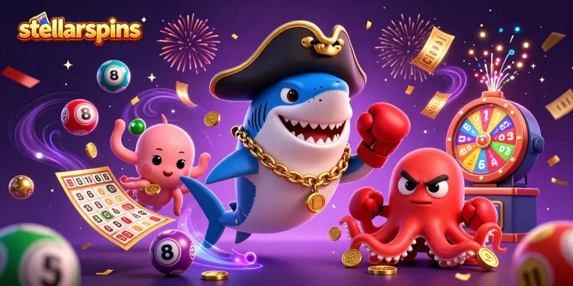 Engage with stellarspins in a vibrant 3D illustration showcasing a pirate shark, pufferfish, and octopus amid lottery excitement.