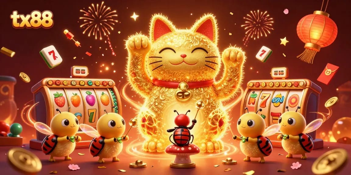 Experience the vibrant excitement of tx88 casino with a 3D lucky cat illustration and slot symbols.