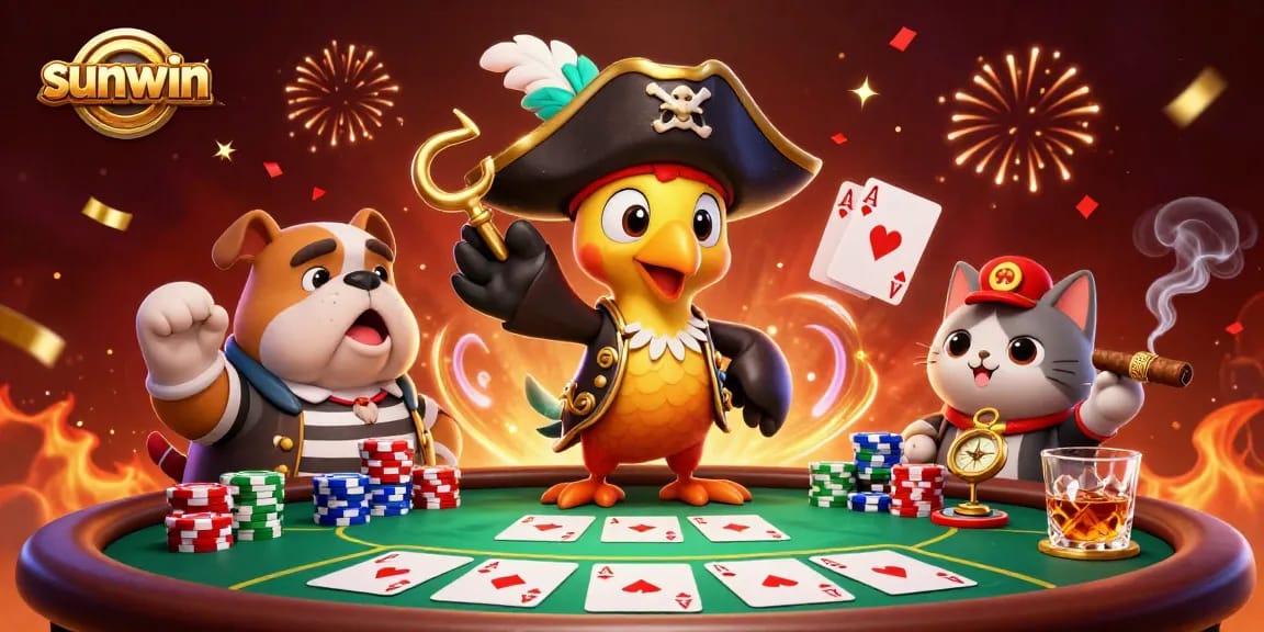 Experience thrilling poker action with sunwin's vibrant pirate-themed casino illustration.