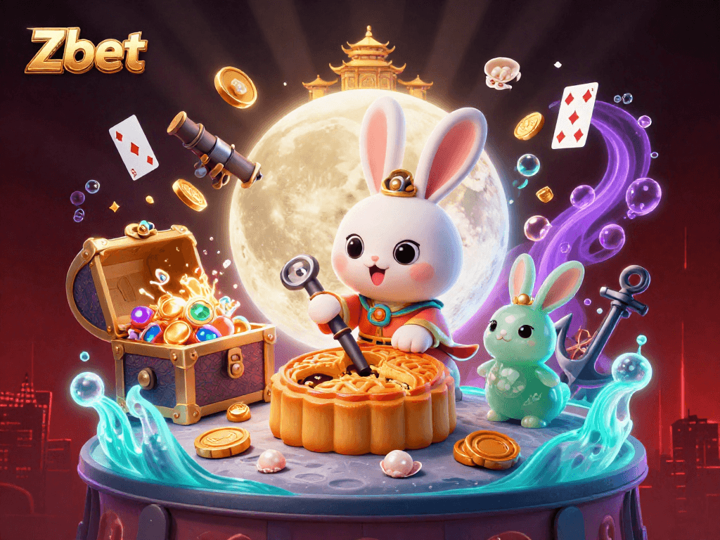 Zbet transforms casino experiences with a quirky moon rabbit playing poker on the lunar surface surrounded by treasure and glowing gems.