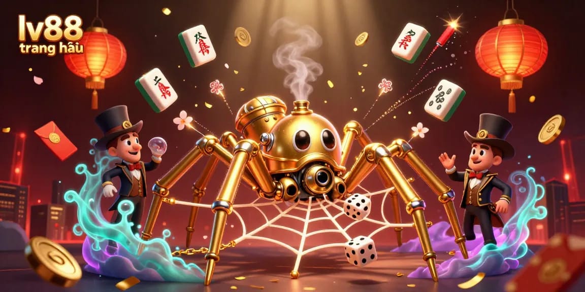 Engage with the excitement of lv88 trang chủ as a golden spider ensnares lucky dice in a rich casino-themed illustration.