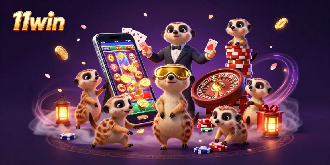 Experience thrilling gameplay with 11win's meerkats running a vibrant casino scene filled with games and excitement.