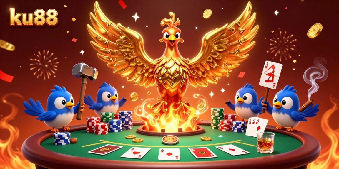 Join the excitement at ku88 with a dynamic 3D illustration of a golden phoenix and poker elements!