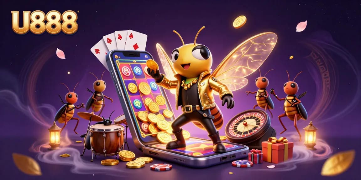 Experience the thrill of U888 with a vibrant rock star scene featuring animated characters and exciting casino elements.