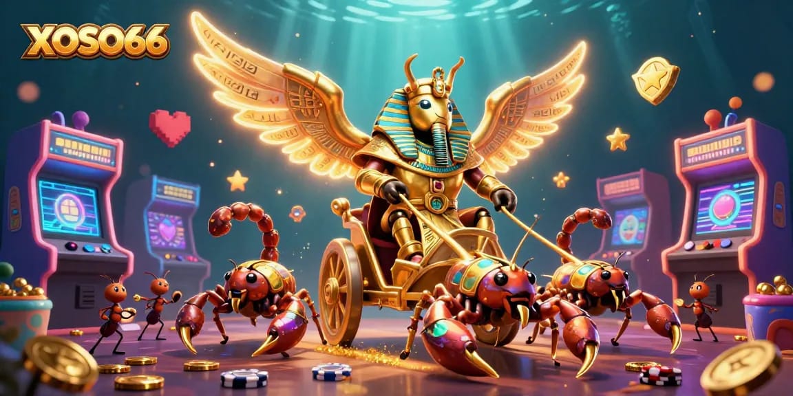 XOSO66 engages in thrilling casino adventures with a colossal golden scarab and scorpion chariot.