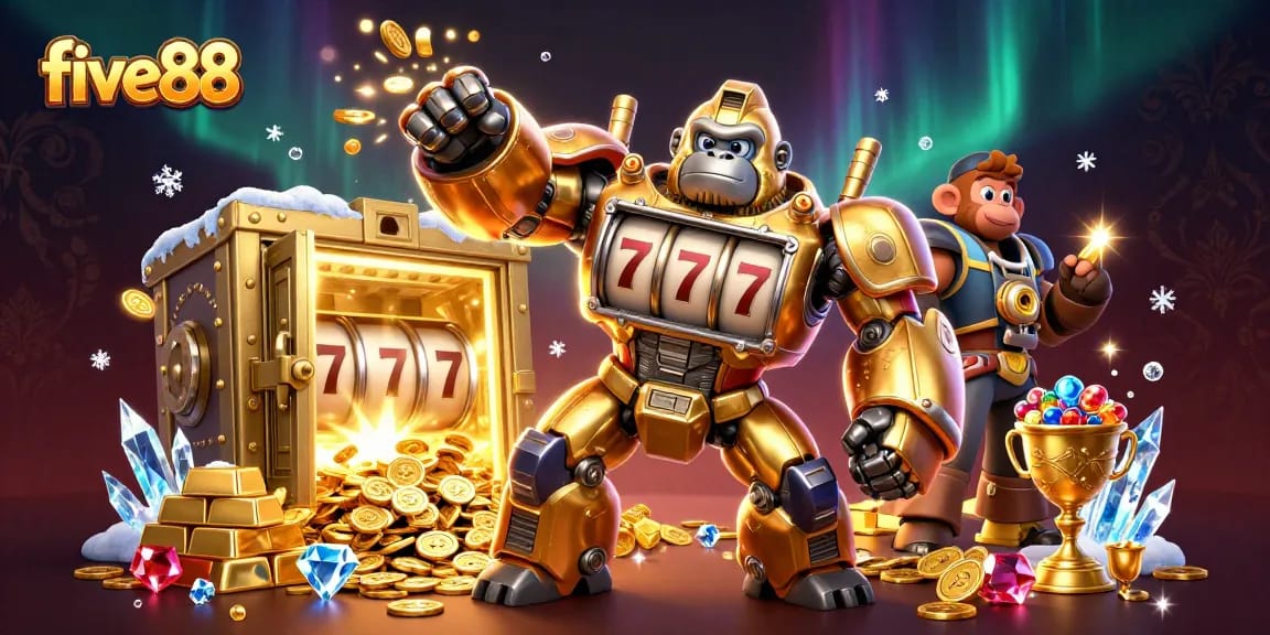 Experience thrilling gameplay with five88 in this vibrant 3D casino illustration featuring dynamic game elements.