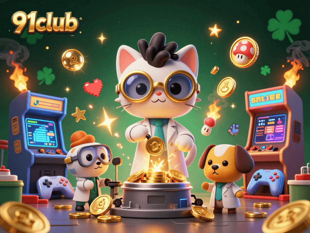 Engage with 91club's thrilling gaming scene, featuring a mad scientist cat creating a gold-coin machine.