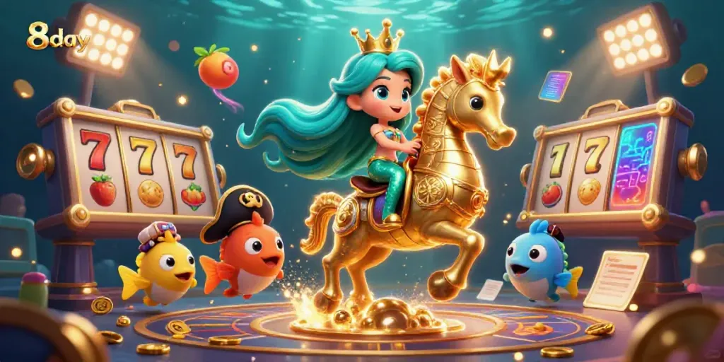 Engage with the thrilling 8day casino world, featuring a mermaid princess in a vibrant 3D underwater scene.