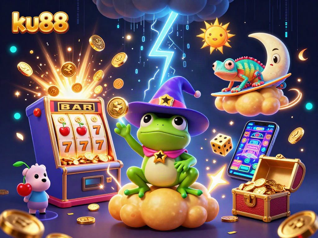 Join the excitement at ku88 with a vibrant casino-themed illustration featuring a wizard frog and chameleon.