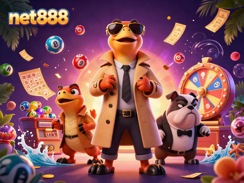 Experience net888 excitement with raptors entering a casino surrounded by dynamic lottery elements.