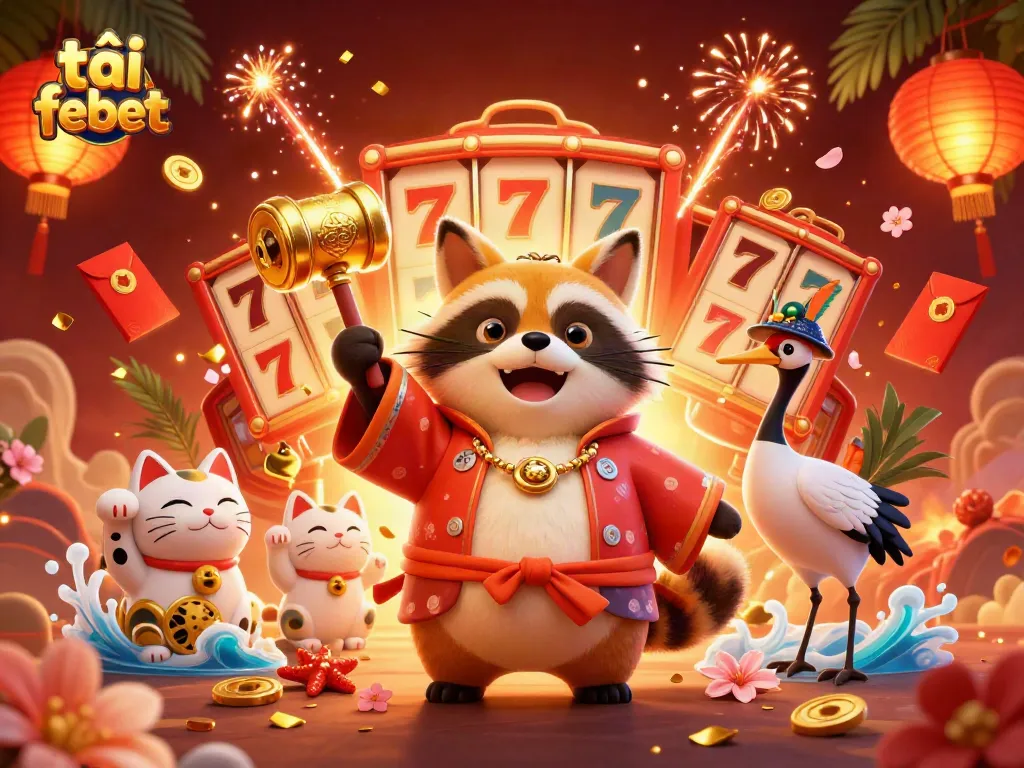 Experience the vibrant scene of tải febet with cheerful characters celebrating luck in a dynamic casino atmosphere.