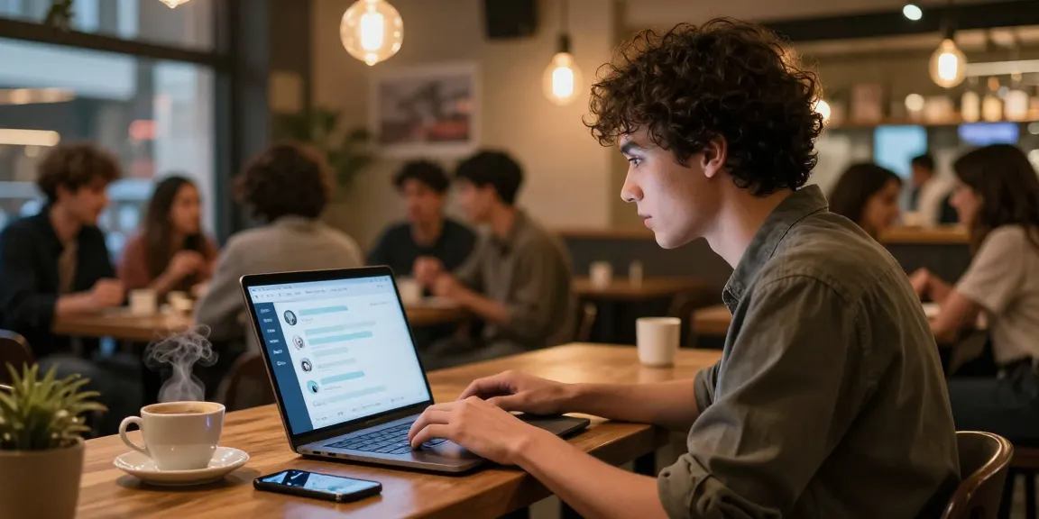 Engaging 18+ AI chatbot conversation in vibrant café setting, showcasing modern social interaction.